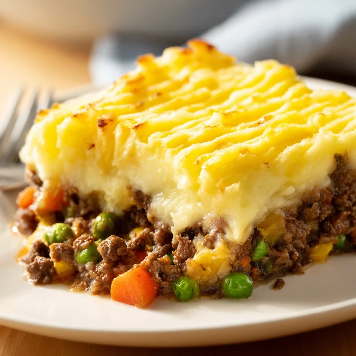 Hearty beef Shepherds Pie with peas features a rich meat filling and buttery mashed potatoes with a fork-marked crust.