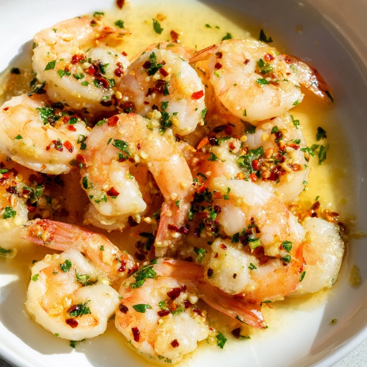 A skillet of tender lemon garlic shrimp sautéed with garlic, garnished with fresh parsley and lemon wedges.
