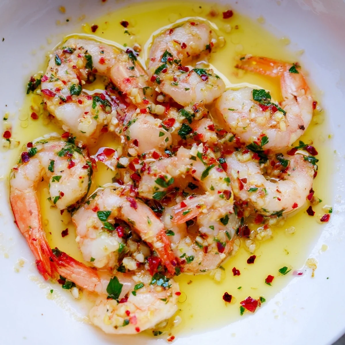 Close-up of succulent lemon garlic shrimp, bright with lemon zest and ready to be served over pasta.