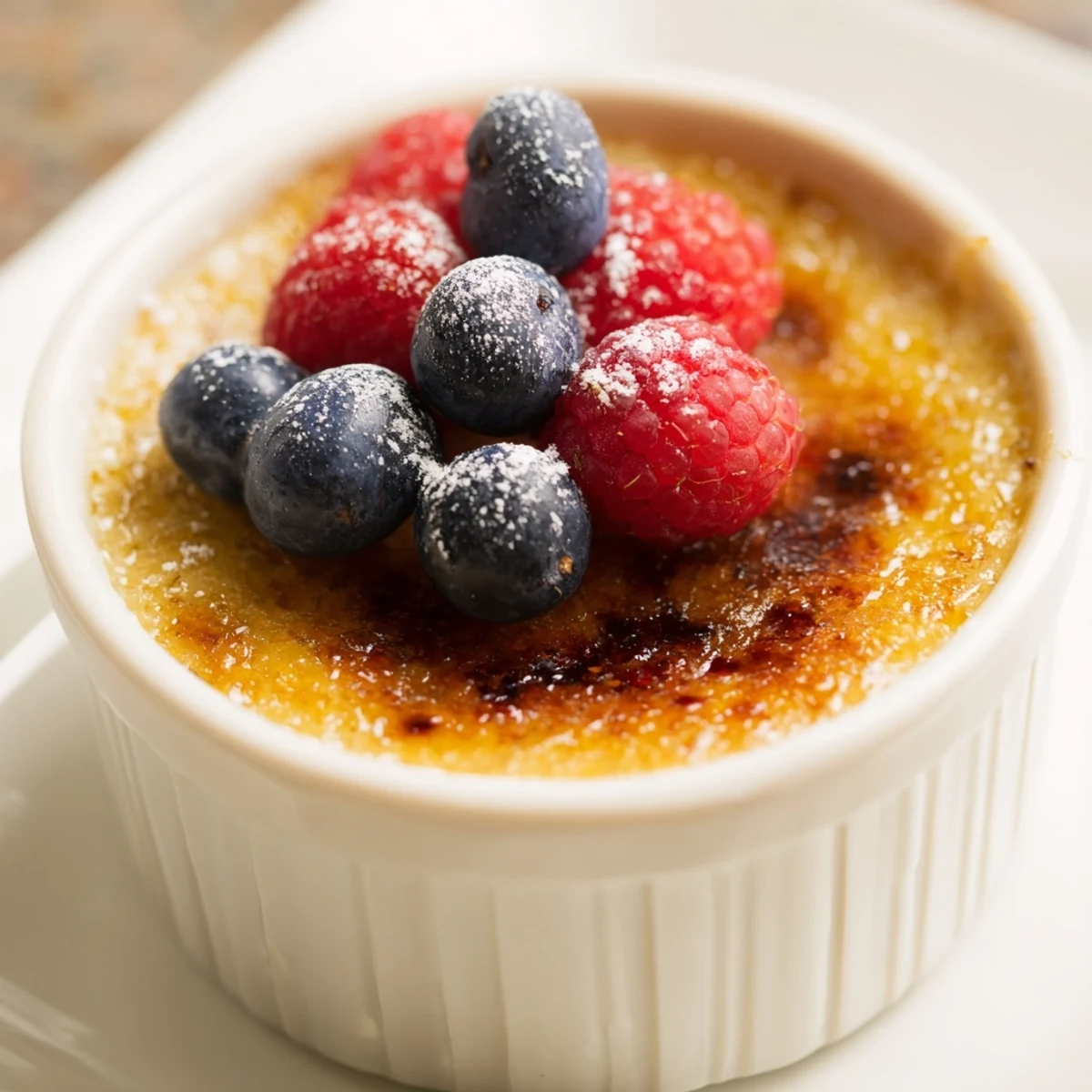 Golden Romantic Crème Brûlée with berries in a ramekin, featuring crisp caramelized sugar and fresh raspberries.