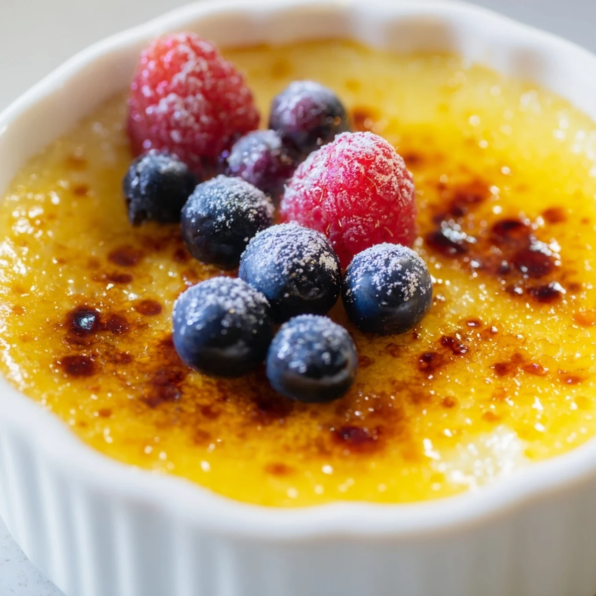 Two Romantic Crème Brûlée desserts topped with torch-burnt sugar crusts and mixed berries, served with Champagne flutes.