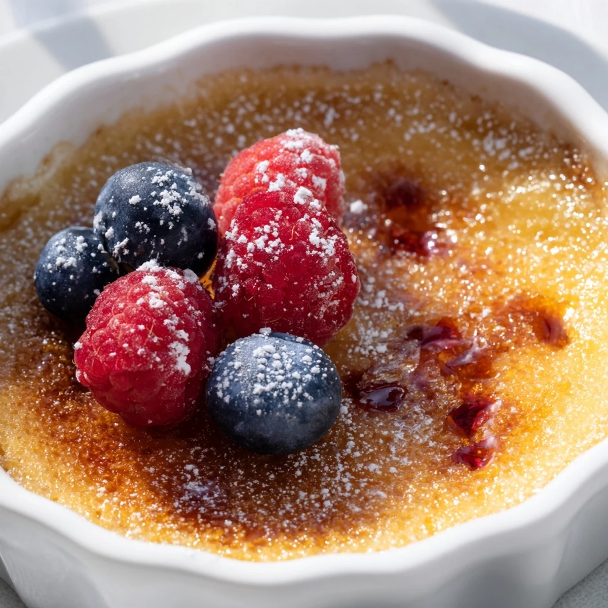 Delicious Romantic Crème Brûlée with berries, showing crackled sugar tops and powdered sugar dusting on velvet linens.