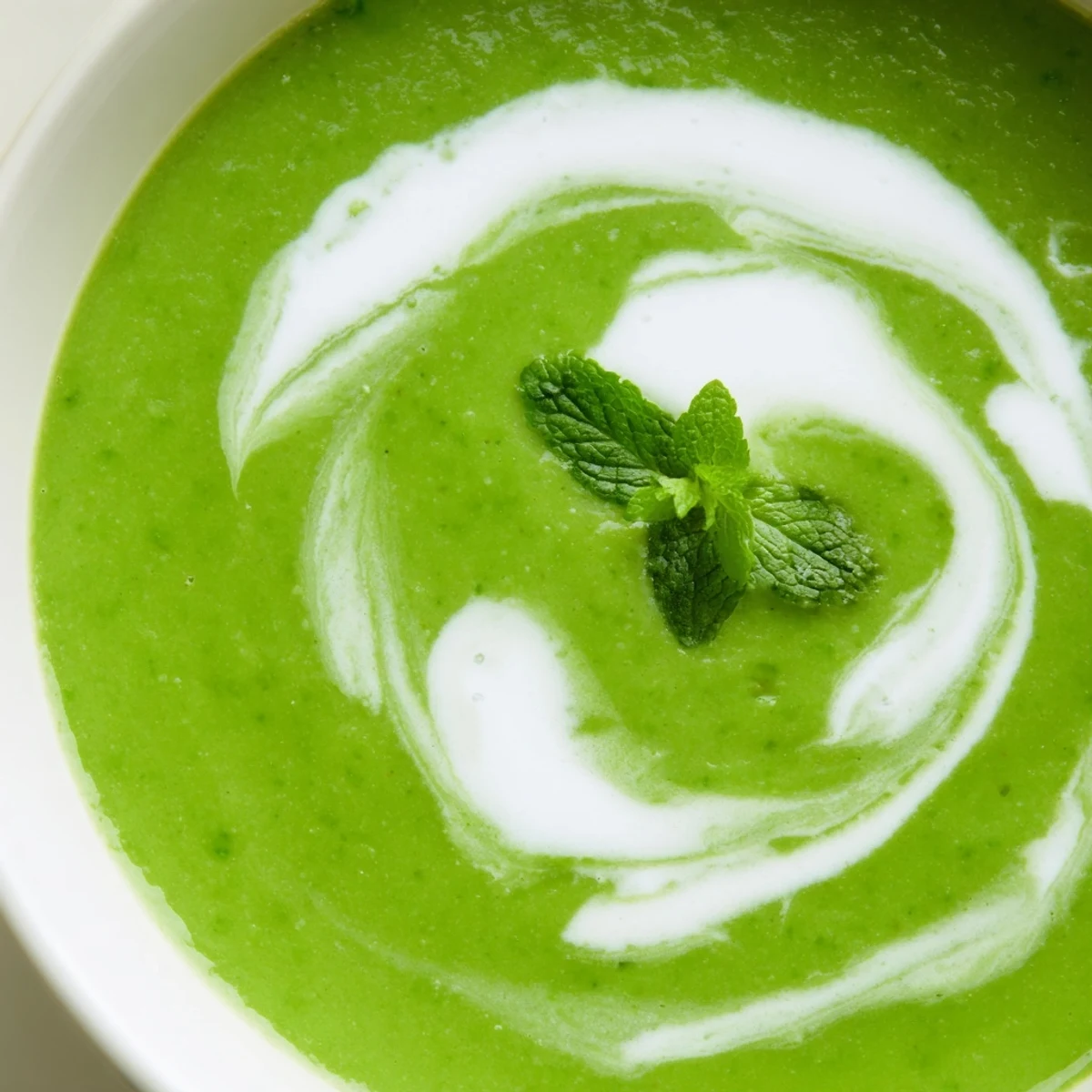 A vibrant bowl of Green Pea and Mint Soup garnished with fresh mint leaves, perfect for a light springtime lunch.