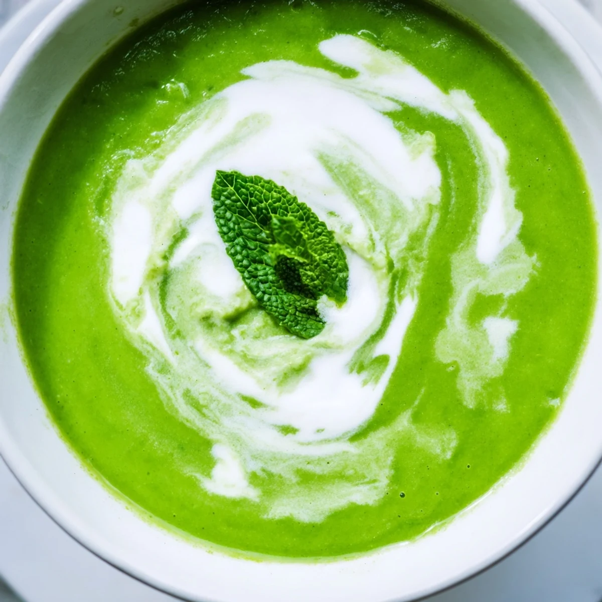 Steaming Green Pea and Mint Soup swirled with cream, served in a rustic white bowl for a comforting starter.