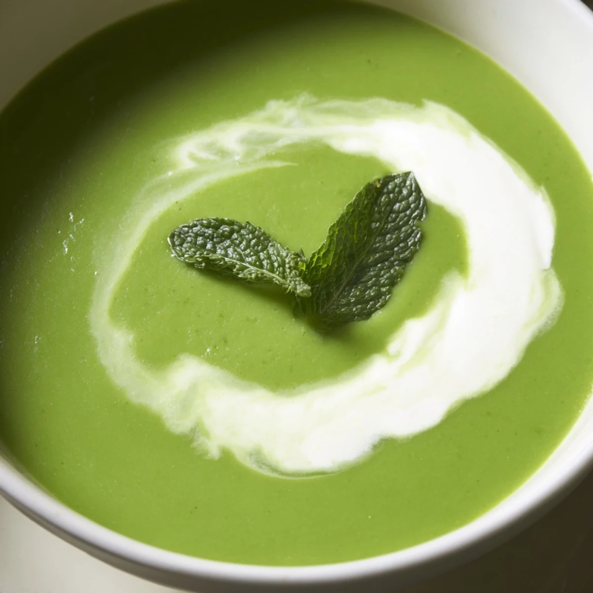 Smooth Green Pea and Mint Soup topped with a dollop of crème fraîche, ready to enjoy with crusty bread.