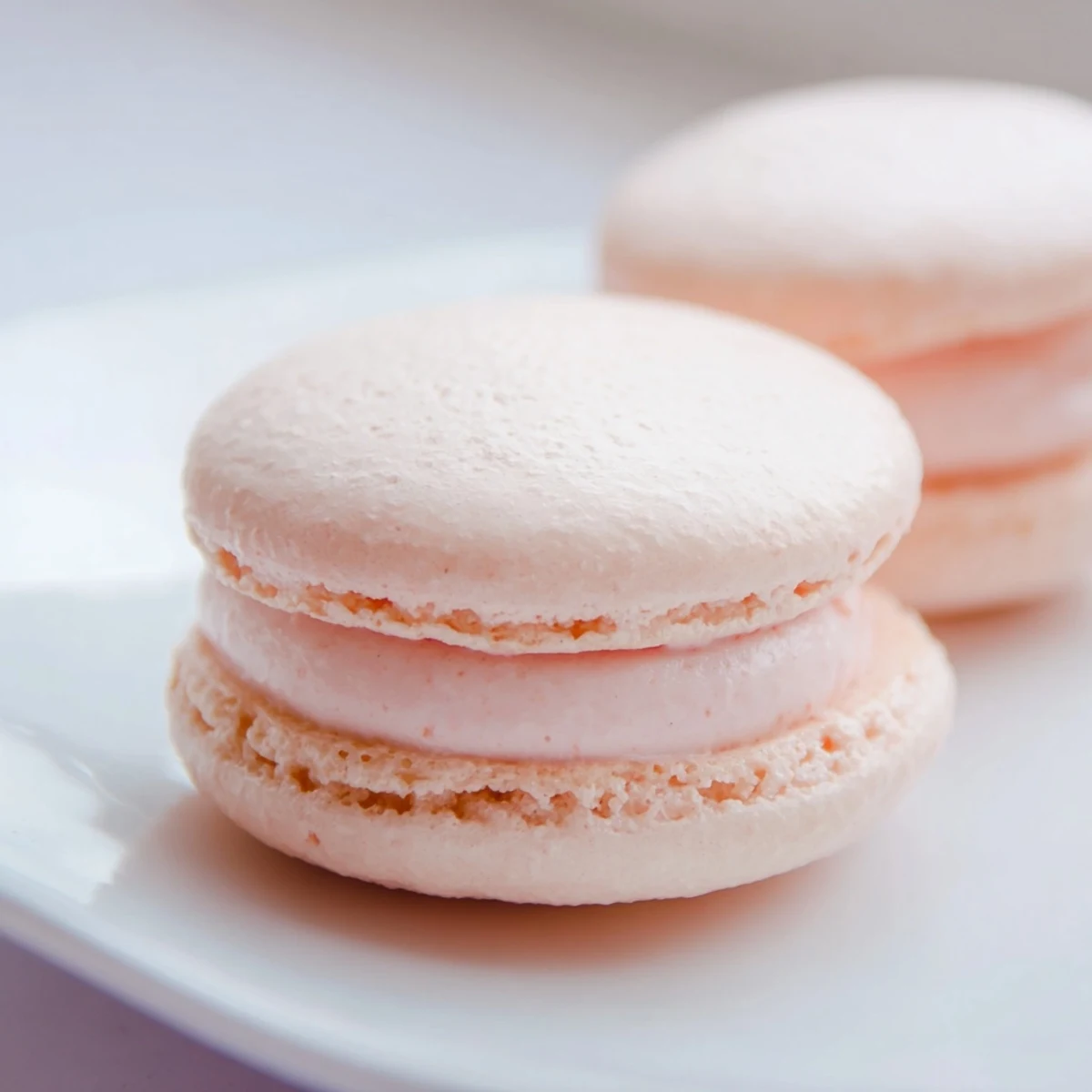 Pink Strawberry Macarons with soft pink shells and luscious strawberry buttercream on a delicate dessert plate.