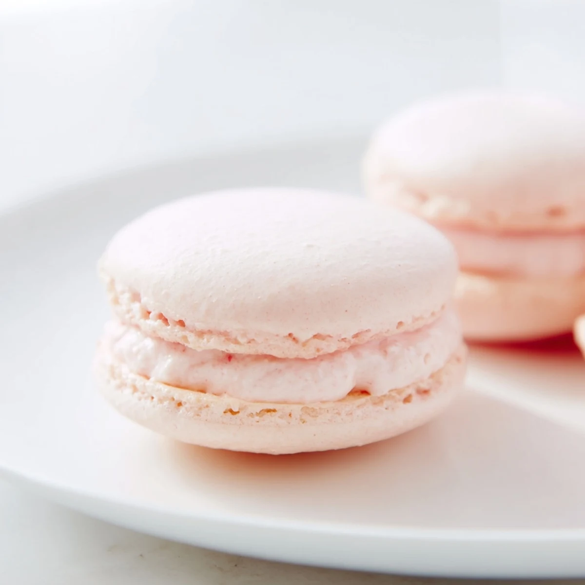 Stack of homemade Pink Strawberry Macarons, their ruffled feet visible beside fresh strawberries and tea.