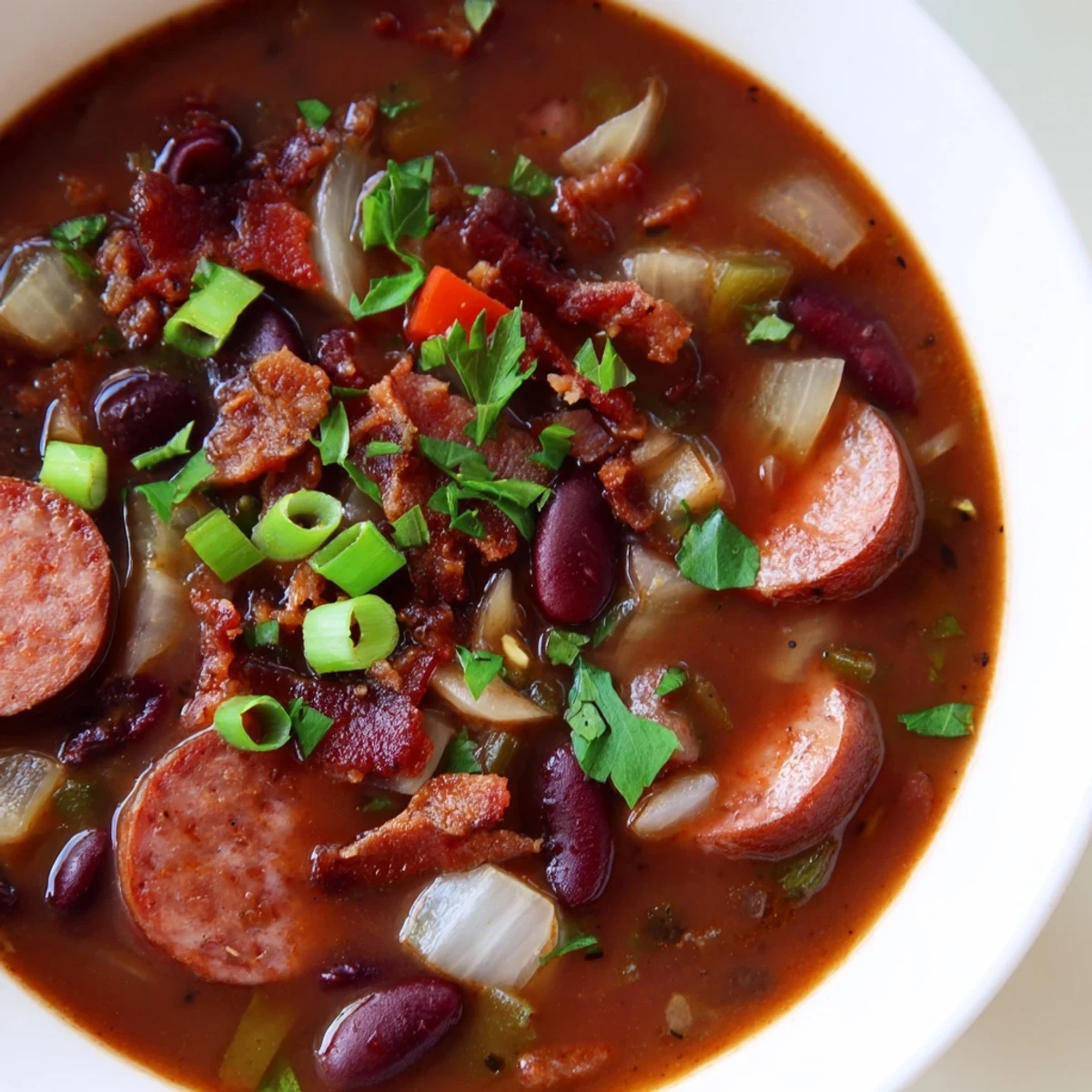 A warm bowl of Louisiana Red Bean Soup, featuring tender beans, smoky Andouille sausage, and fresh green onion garnish over white rice.  