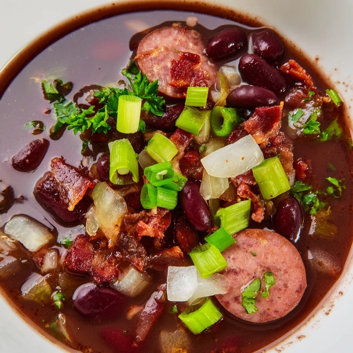 A hearty serving of Louisiana Red Bean Soup in a rustic bowl, filled with kidney beans, diced carrots, and spicy sausage.  