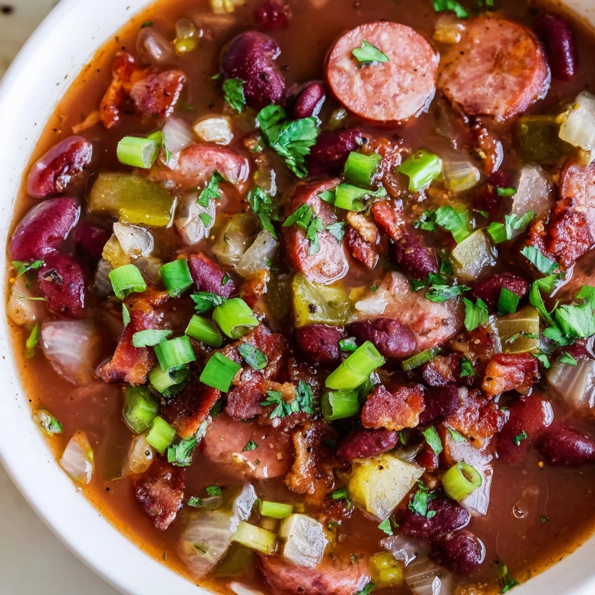 A spoonful of Louisiana Red Bean Soup, revealing tender red beans, crispy bacon bits, and aromatic Creole spices in a rich broth.