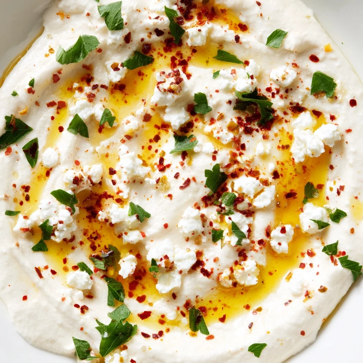 Creamy Halftime Spicy Feta Dip in a rustic bowl, garnished with parsley and a lemon wedge for a bright, tangy finish.  