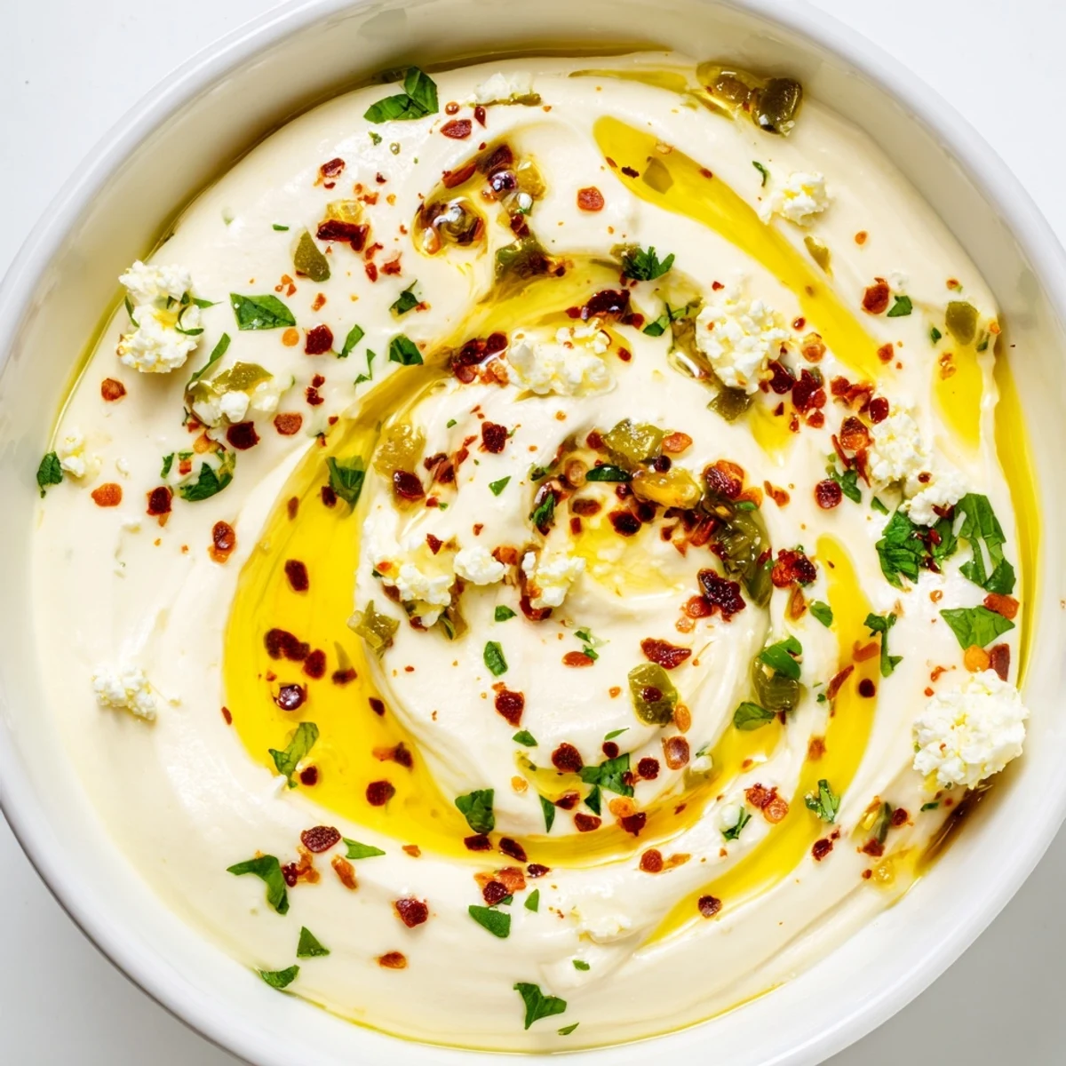 A close-up of Halftime Spicy Feta Dip topped with olive oil and fresh herbs, served with pita chips and crunchy veggies.  
