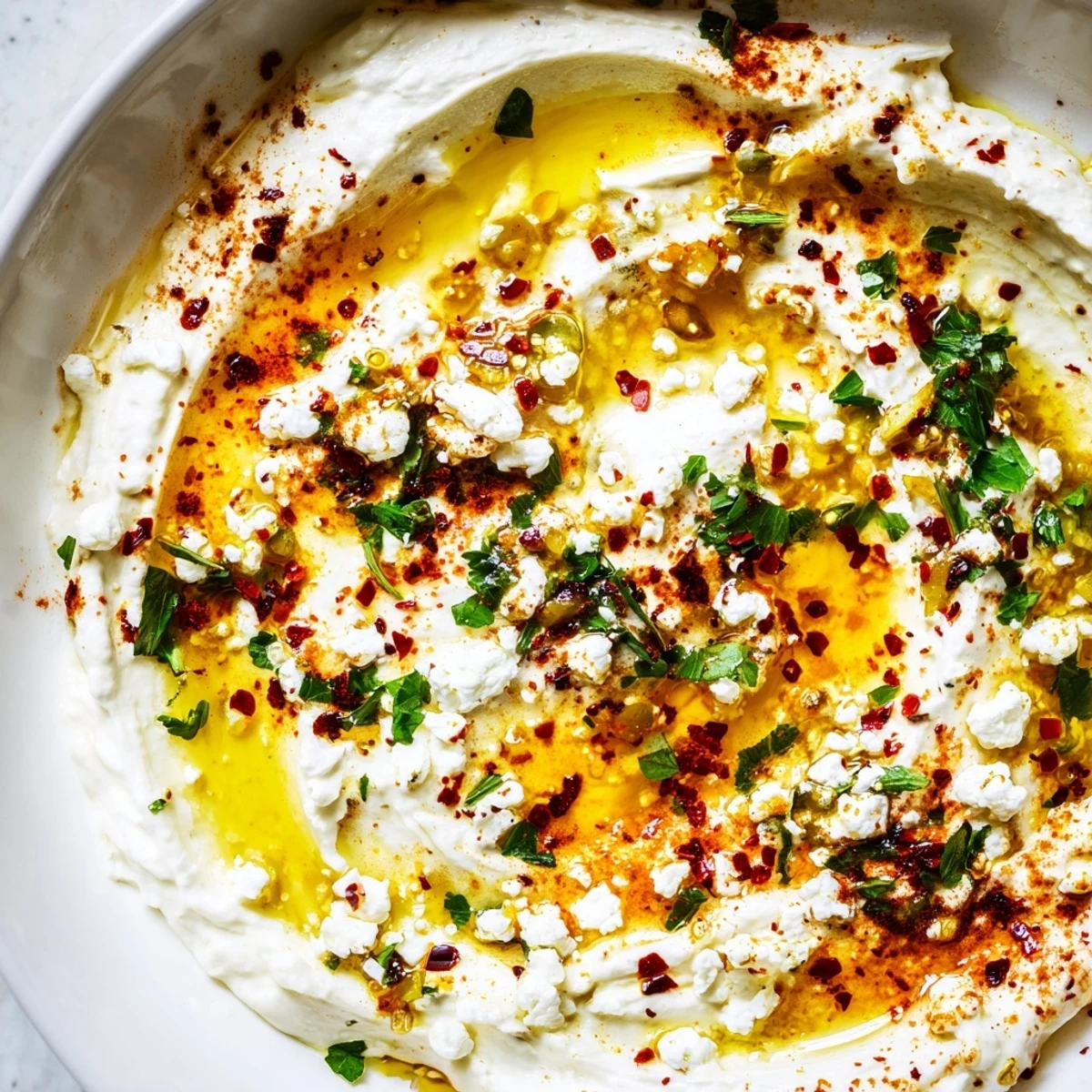Scoops of Halftime Spicy Feta Dip on a wooden board surrounded by colorful bell pepper strips and warm pita triangles.