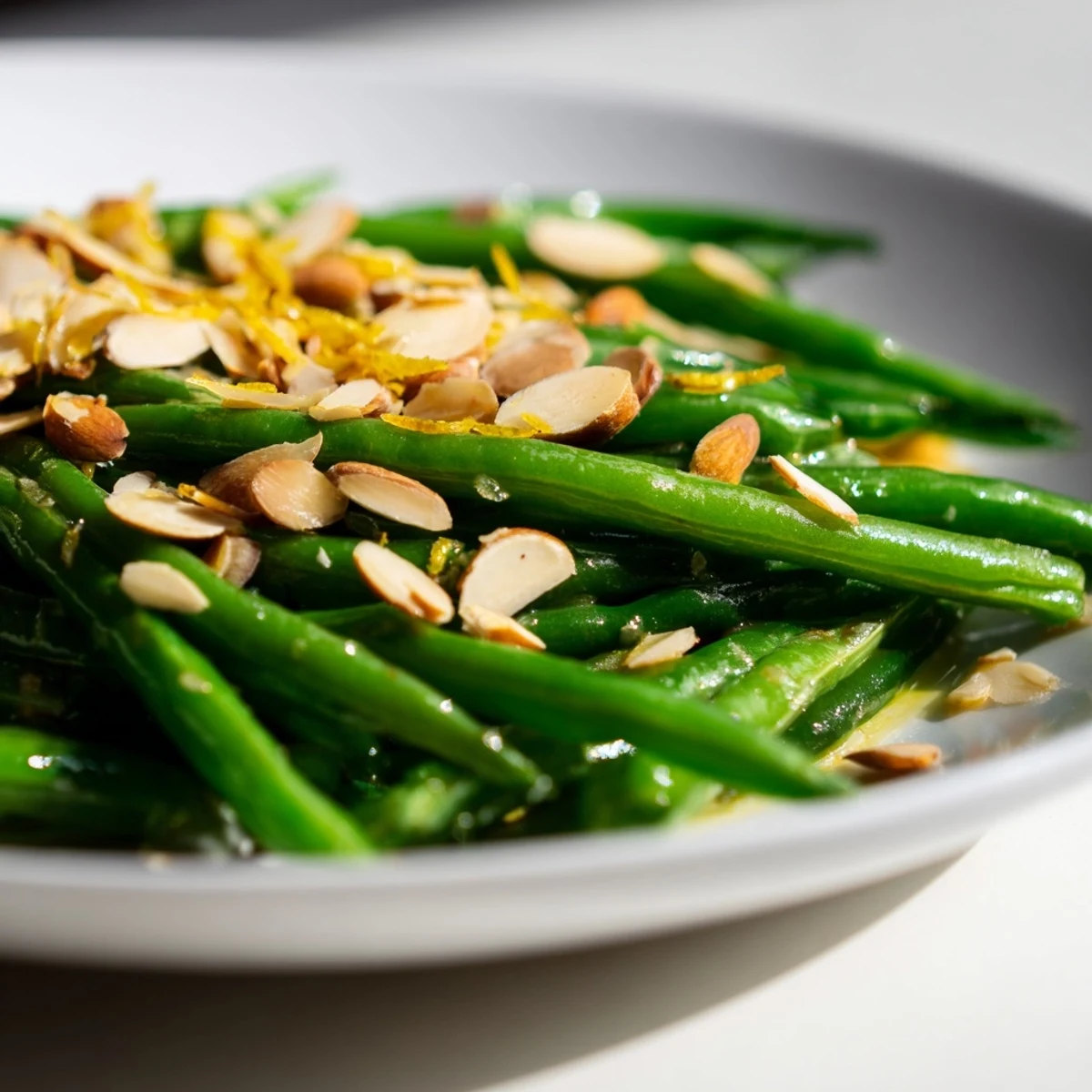 Bright green, crisp-tender Lemon Garlic Green Beans with Almonds, sautéed with garlic and finished with lemon zest on a rustic plate.  