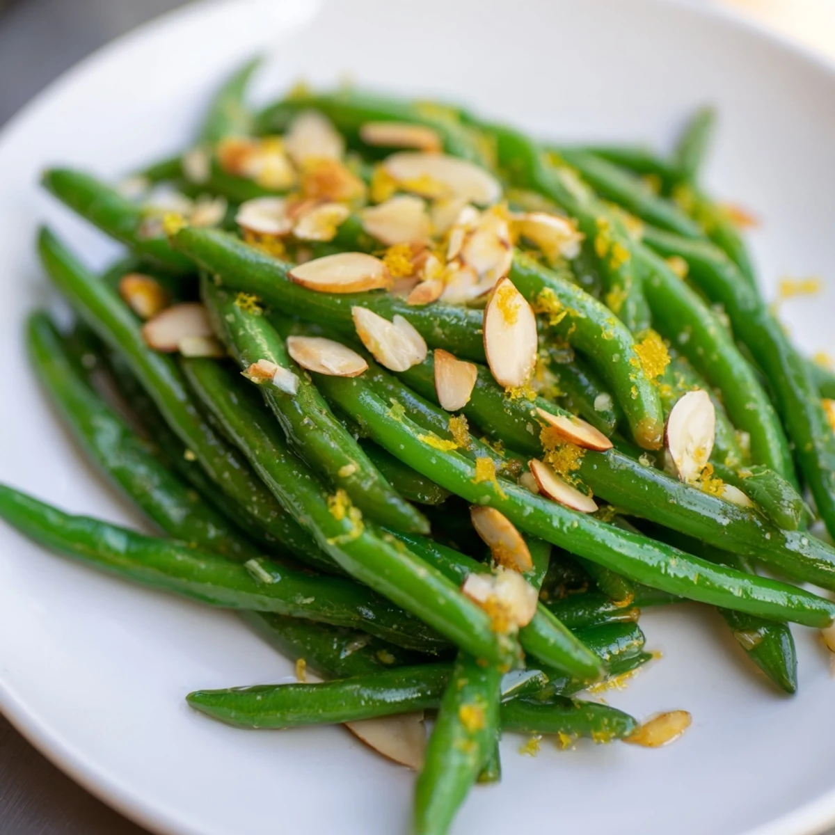 A close-up of vibrant Lemon Garlic Green Beans with Almonds, garnished with golden toasted almonds and fresh lemon slices.  