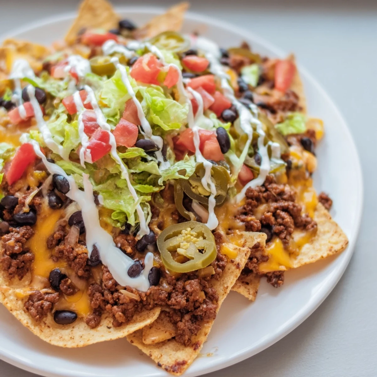 Golden tortilla chips piled high with seasoned ground beef, melted cheddar cheese, and fresh jalapeños, ready for a game day nacho bar.