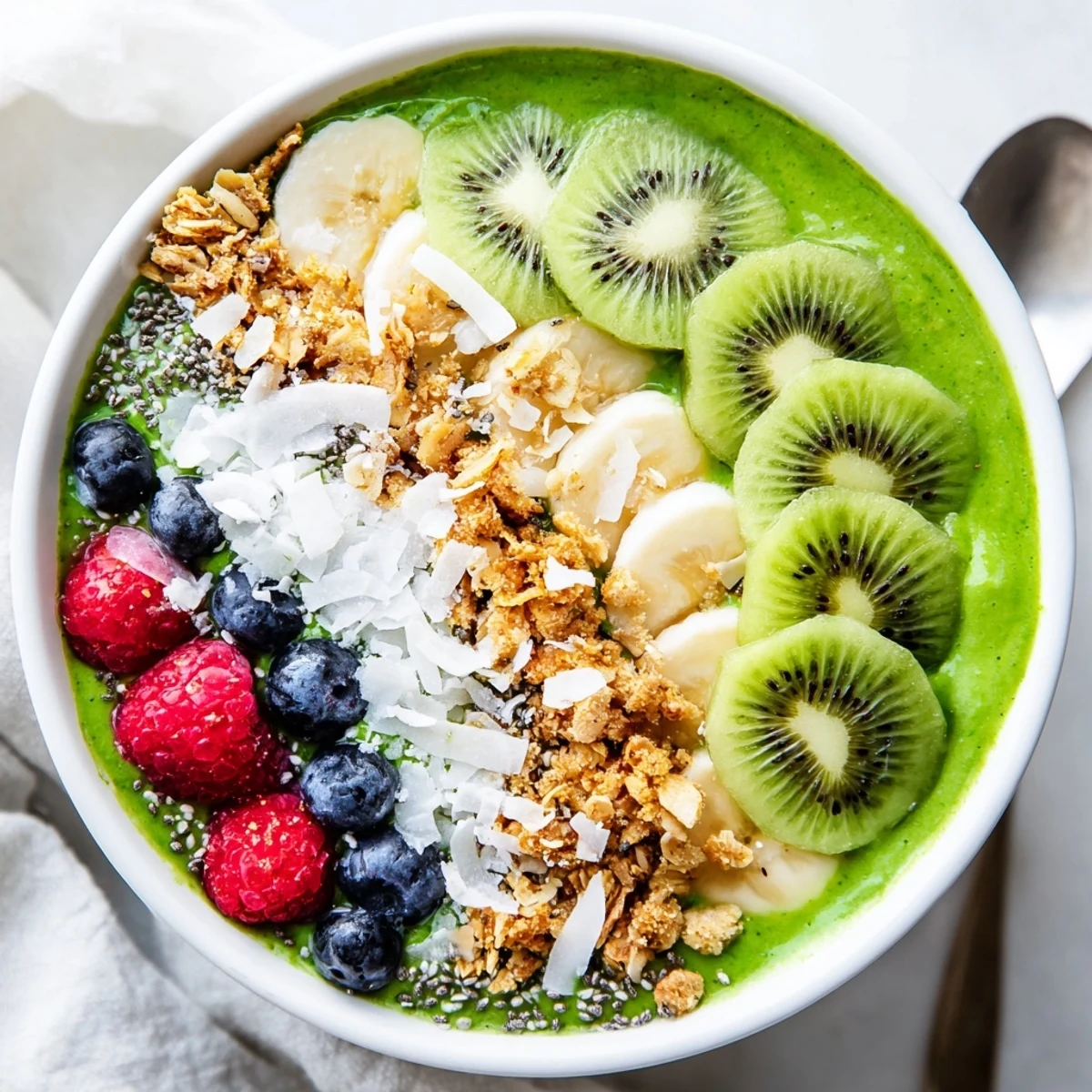 A vibrant Green Smoothie Bowl with Kiwi and Chia topped with sliced kiwi, granola, and fresh berries.  