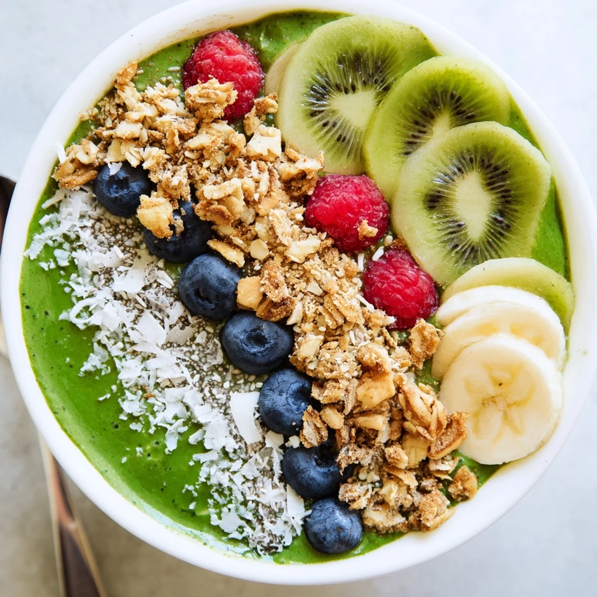 Refreshing breakfast Green Smoothie Bowl with Kiwi and Chia, served in a ceramic bowl with a spoon.