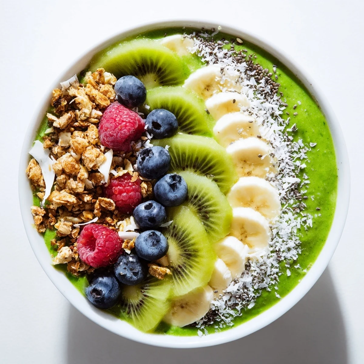 Close-up of a creamy Green Smoothie Bowl with Kiwi and Chia, garnished with coconut and banana slices.  