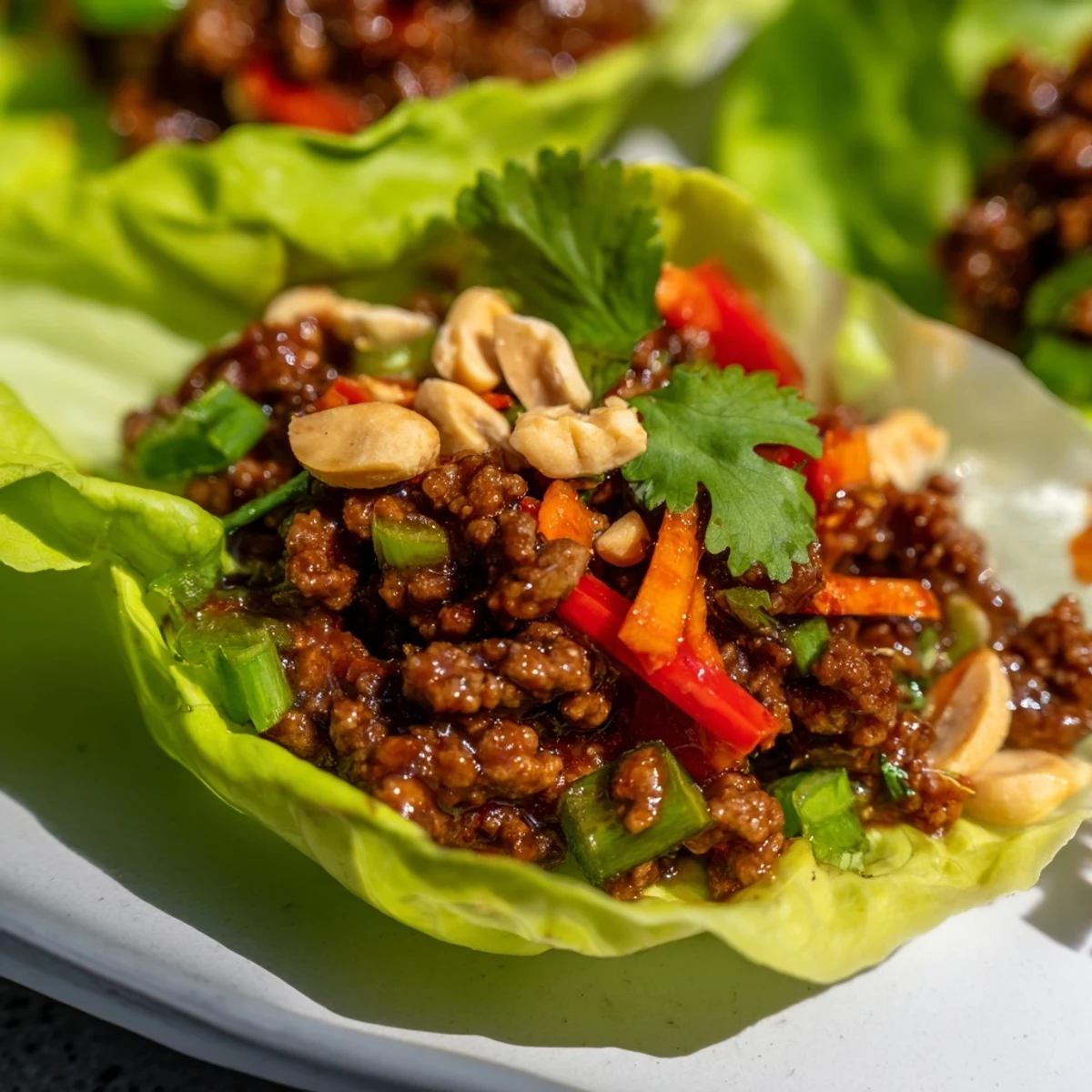 Crisp butter lettuce cups filled with savory hoisin beef and fresh vegetables, garnished with peanuts and cilantro for a vibrant appetizer.