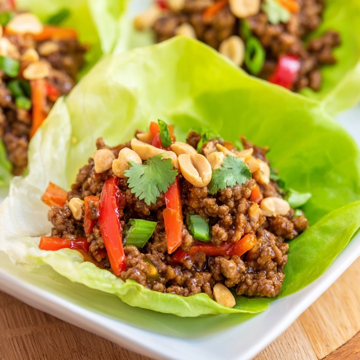Golden-brown ground beef sizzling in a skillet with ginger and garlic, ready to be tossed in sweet-tangy hoisin sauce for lettuce wraps.