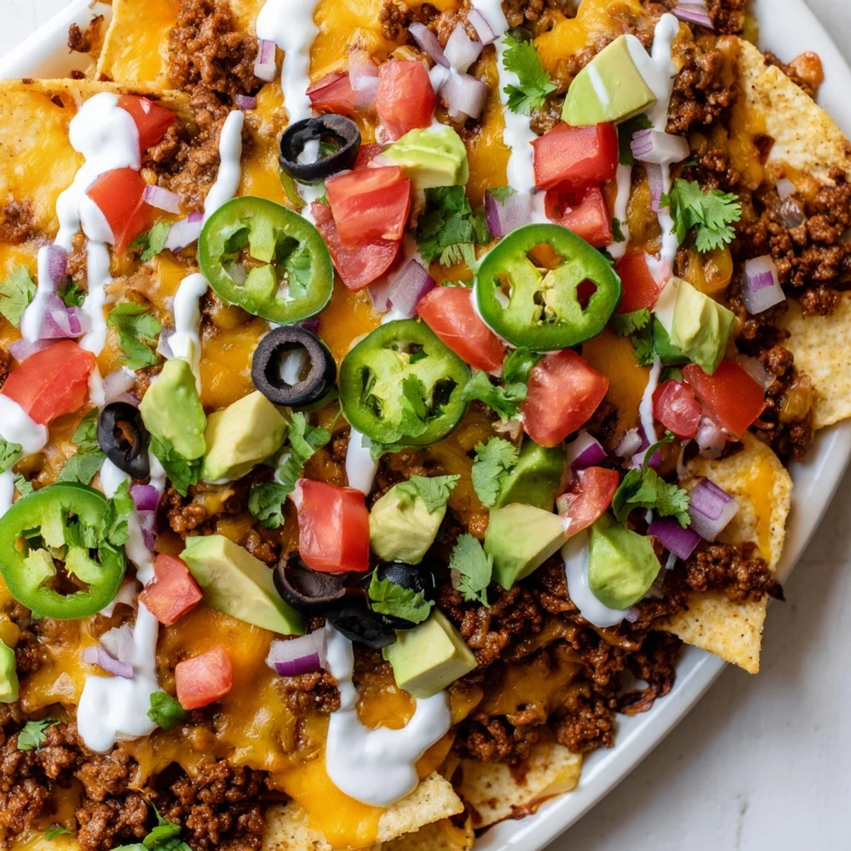 A Super Bowl nacho platter with seasoned ground beef, melted cheddar and Monterey Jack, and fresh avocado slices.