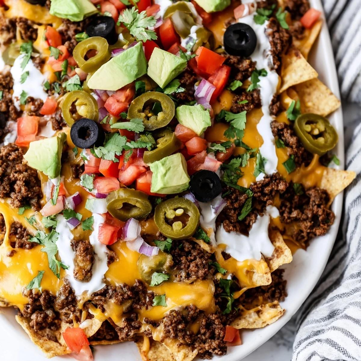 Fully loaded nacho platter with warm beef, jalapeños, sour cream, and salsa, ideal for game day snacking.