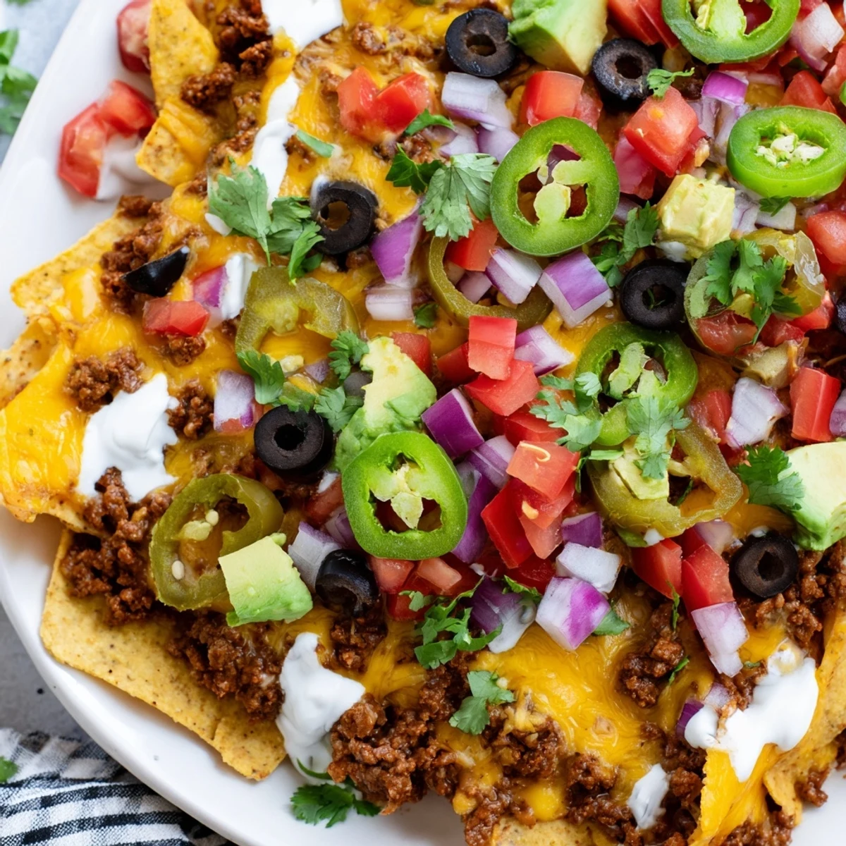 Heaped with seasoned beef, melted cheese, and vibrant toppings like tomato and cilantro on crispy tortilla chips.