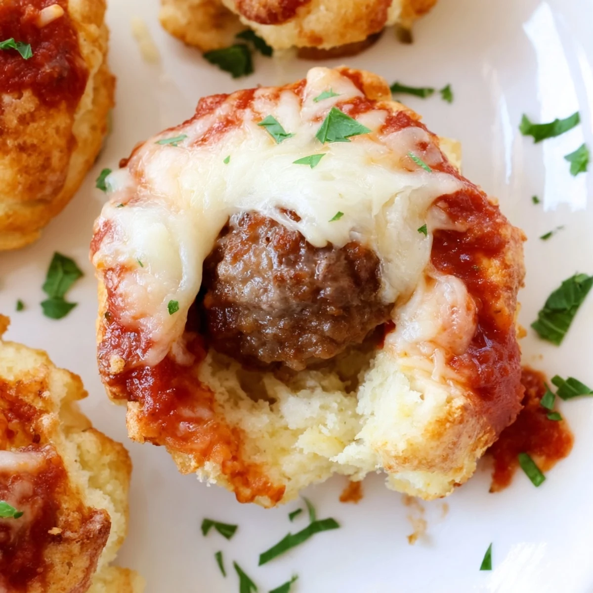 Golden brown Game Day Meatball Sub Bites sit in a mini muffin tin, filled with melted mozzarella and rich marinara sauce.