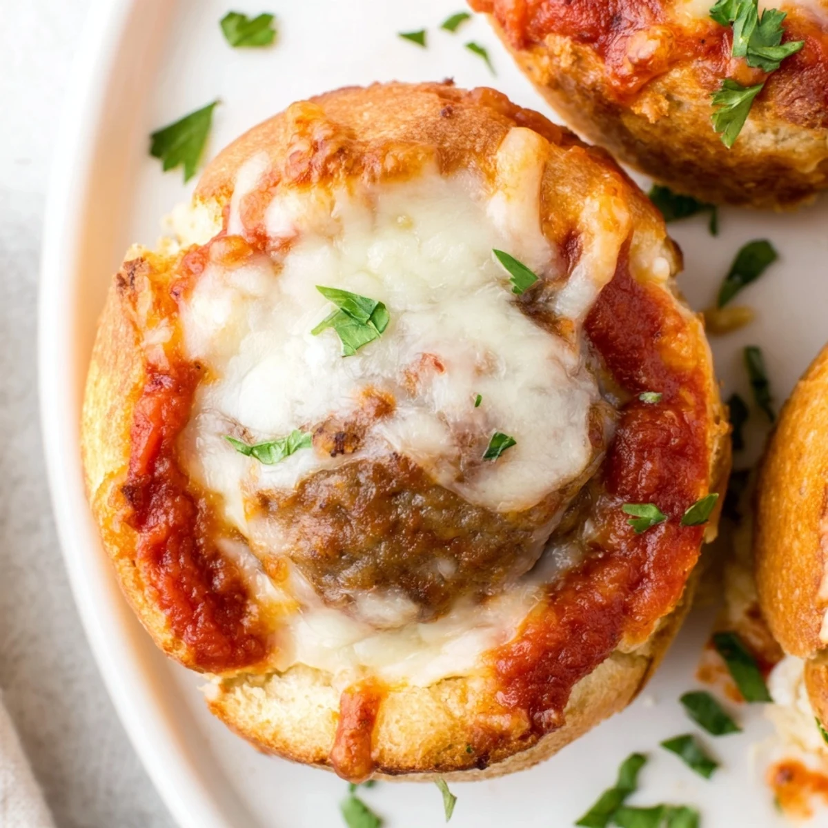 Warm Game Day Meatball Sub Bites with flaky biscuit crusts, bubbling cheese, and marinara sauce ready to be served.