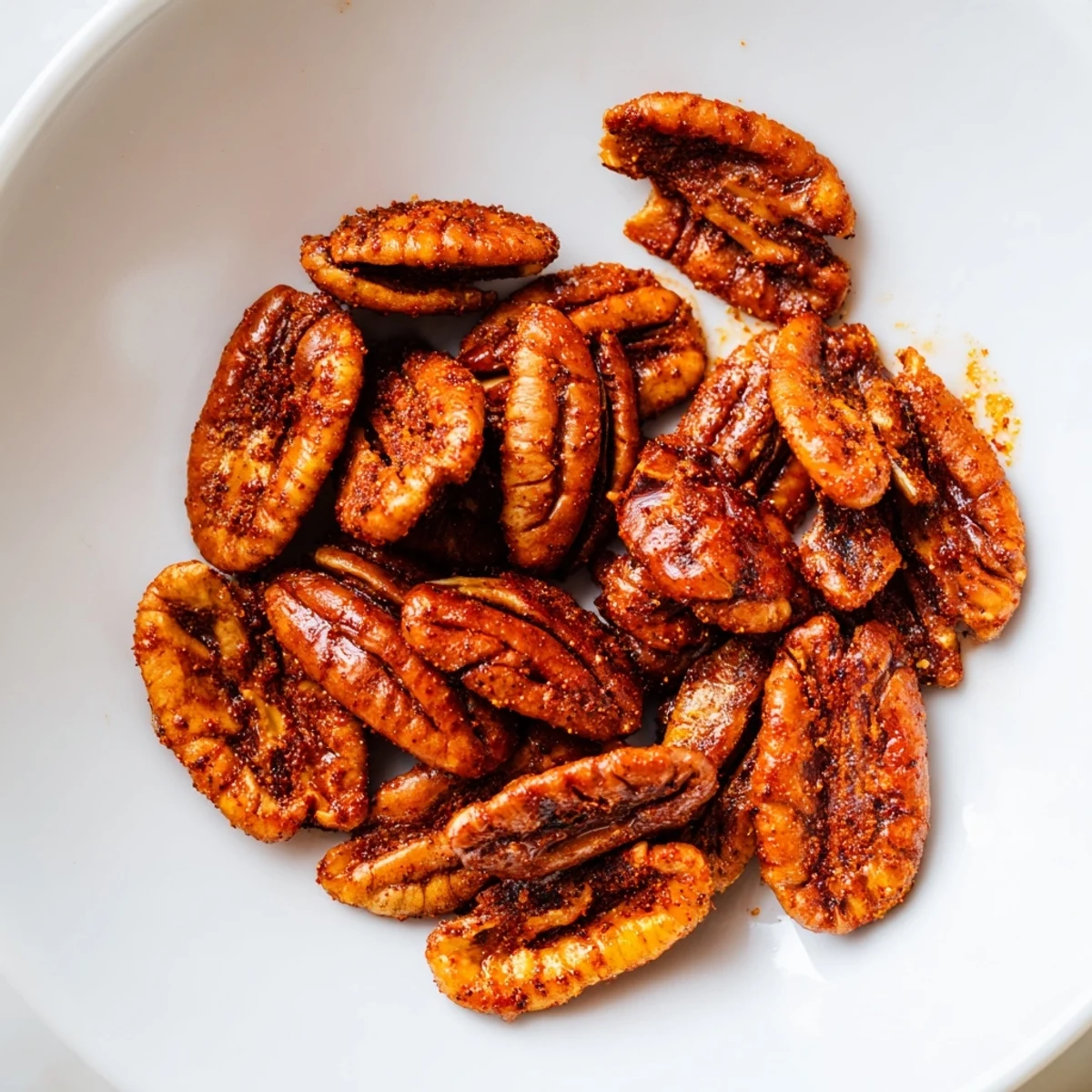 Golden-brown Cajun Spiced Pecans in a rustic ceramic bowl, their glossy spice coating glistening under warm kitchen light.  