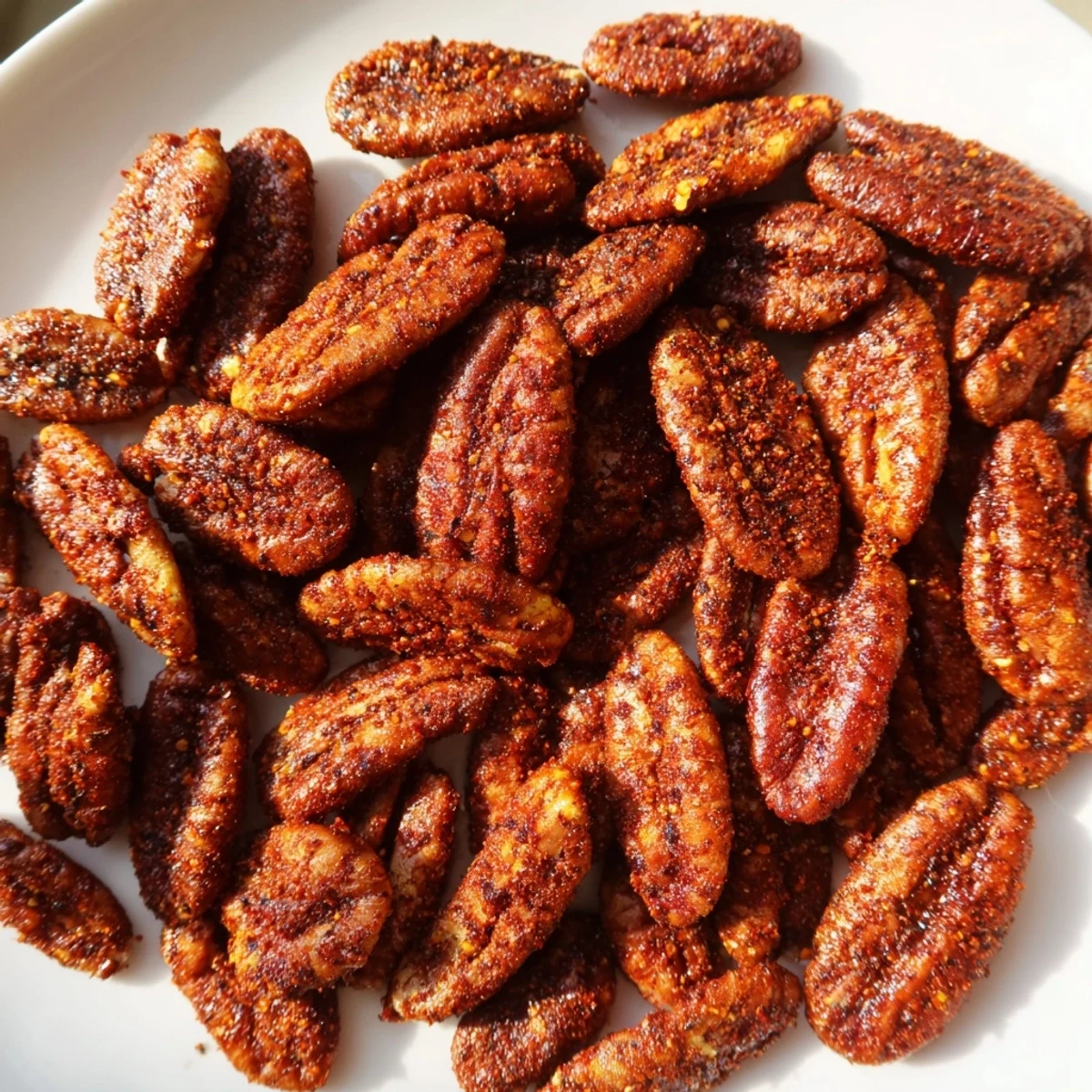 Freshly baked Cajun Spiced Pecans spilling from a parchment-lined baking sheet, releasing smoky, aromatic steam.  