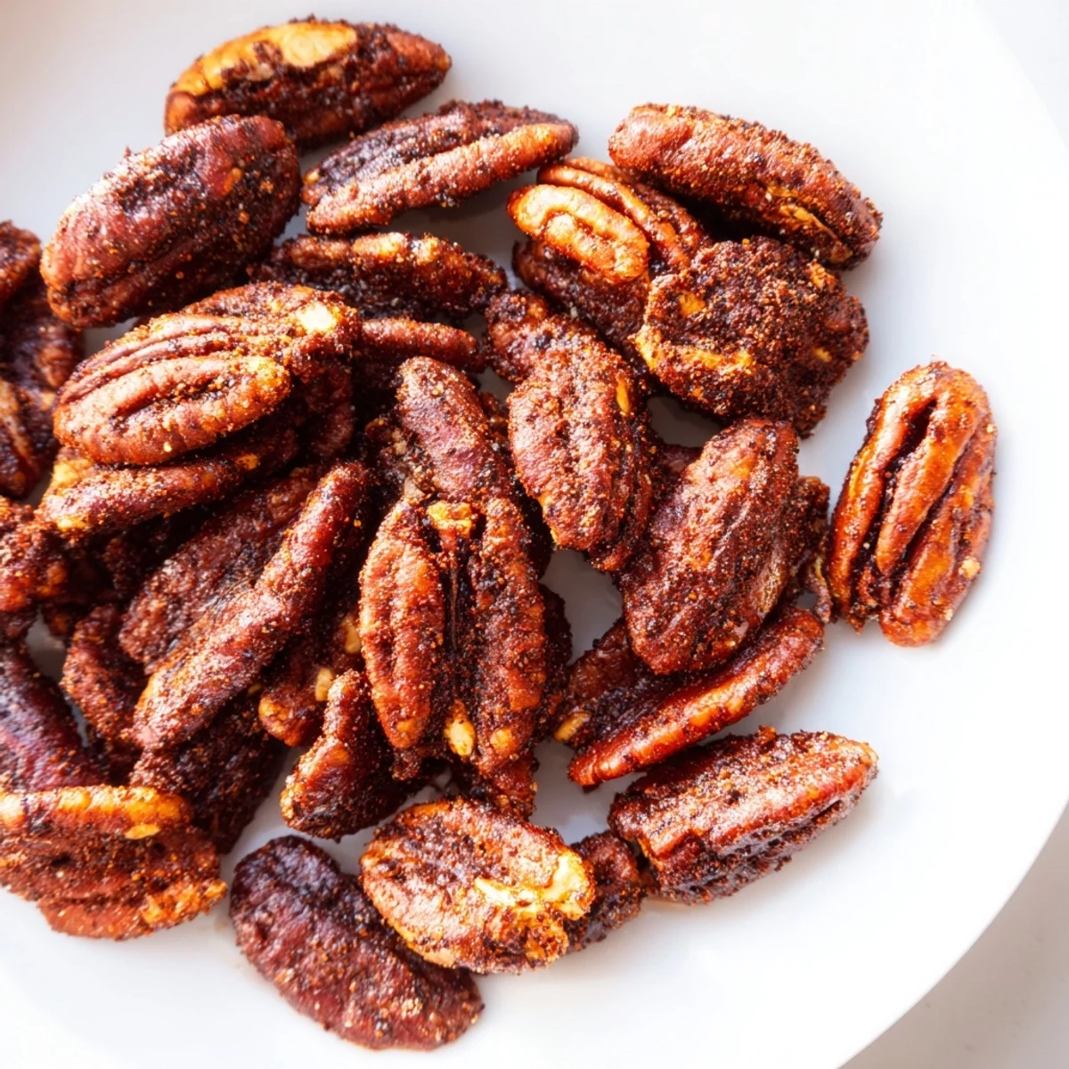 A handful of Cajun Spiced Pecans arranged beside a crisp green salad, highlighting their bold Southern snack appeal.