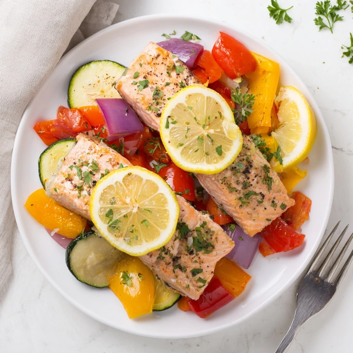 A juicy baked salmon fillet paired with caramelized roasted vegetables and fresh lemon wedges, ready for a healthy weeknight dinner.  
