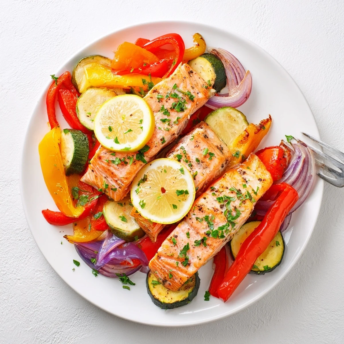 Golden, oven-roasted salmon and colorful vegetables garnished with parsley, ideal for a nutritious gluten-free meal prep option.