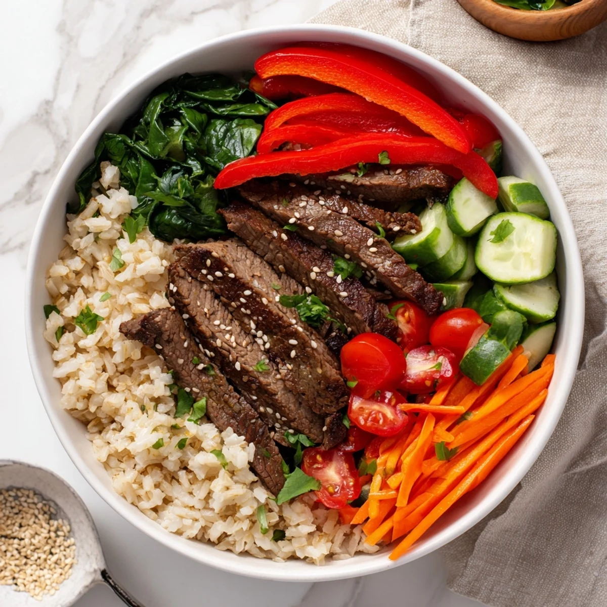Tender slices of beef and fluffy quinoa fill this Beef Meal Bowl with Grains, topped with crisp vegetables and avocado slices.  