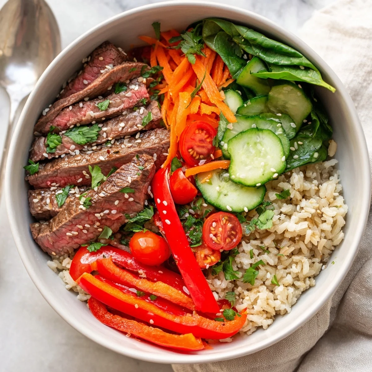 A warm Beef Meal Bowl with Grains showcases juicy beef, brown rice, cherry tomatoes, and a lemony drizzle for a nourishing dinner.