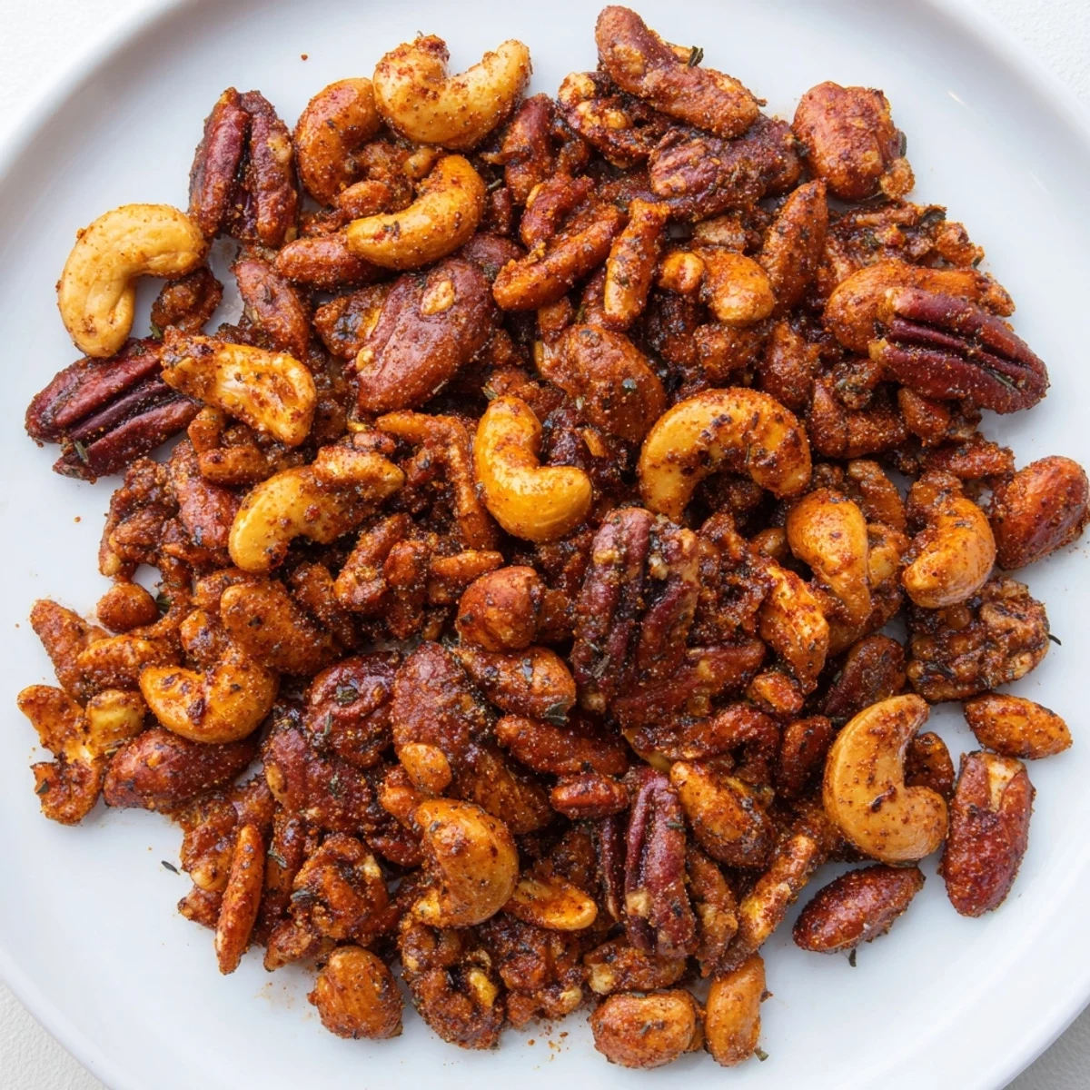 Freshly roasted Creole Spiced Nuts cooling on a baking sheet, showcasing their vibrant, spicy coating and toasted texture.  
