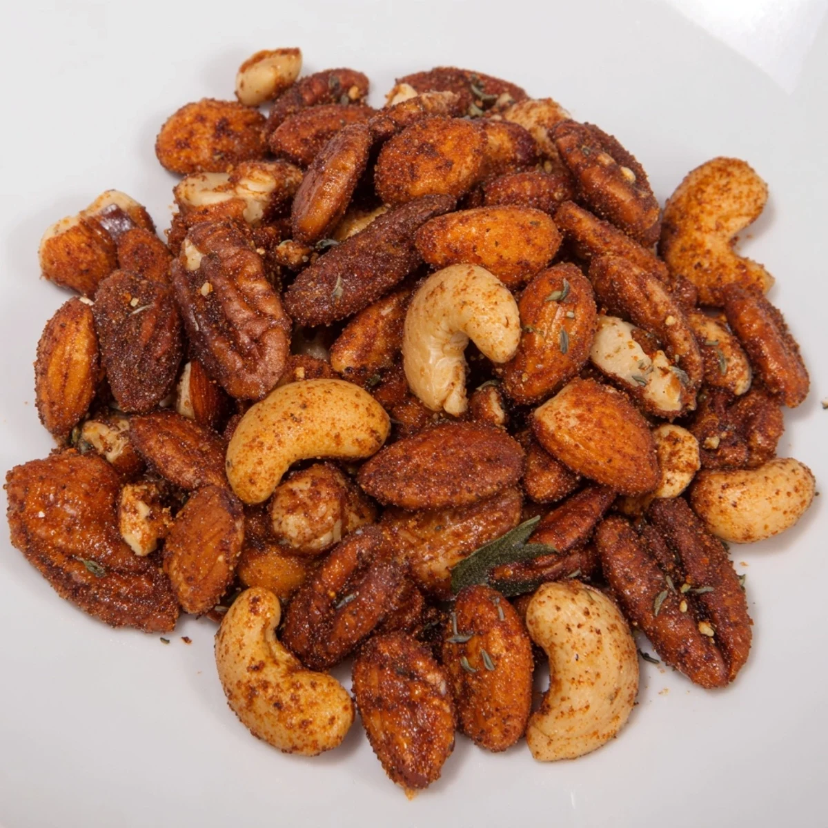 A hand reaches for a handful of savory Creole Spiced Nuts, the perfect gluten-free snack for game day.