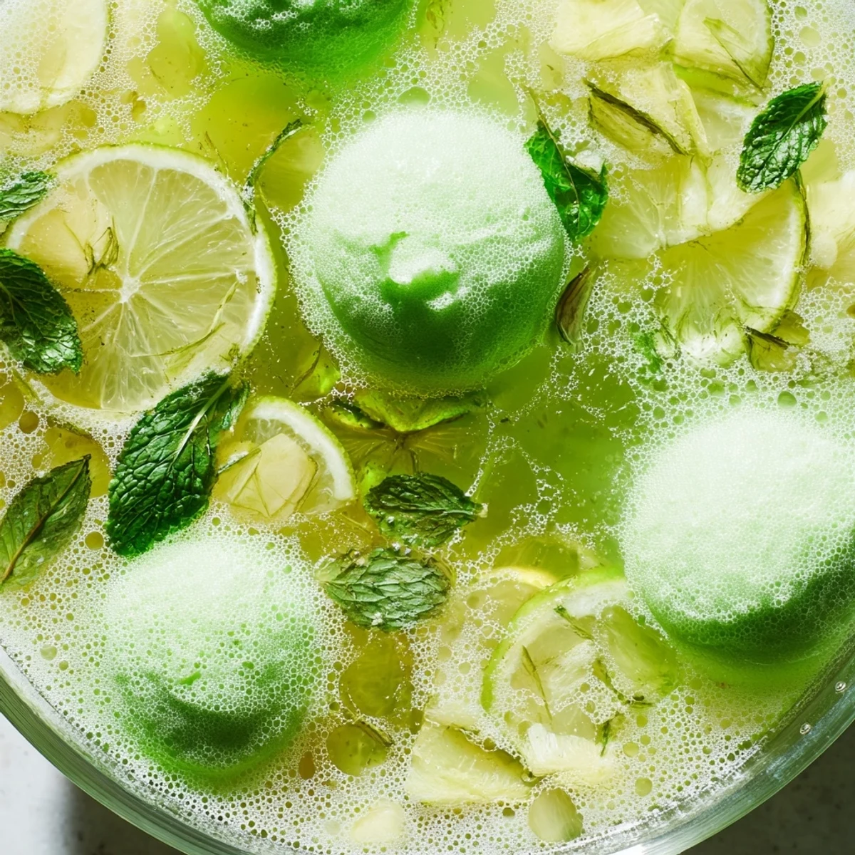 Green Lime Sherbet Punch in a glass, fizzing with bubbles from lemon-lime soda, topped with a scoop of tangy sherbet and a fresh mint garnish.  