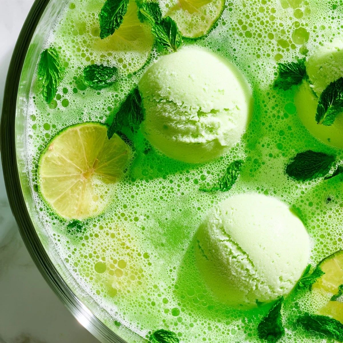 Vibrant Green Lime Sherbet Punch served in a glass, showing the creamy sherbet melting into the fizzy, tangy beverage.