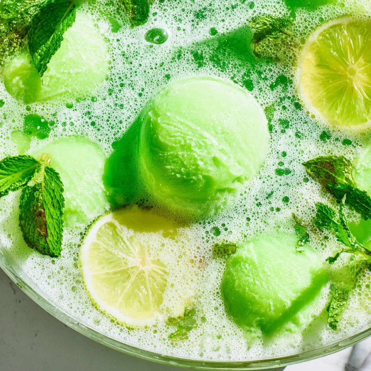 A chilled punch bowl filled with frothy Green Lime Sherbet Punch, garnished with thin lime slices and a ladle ready to serve.  