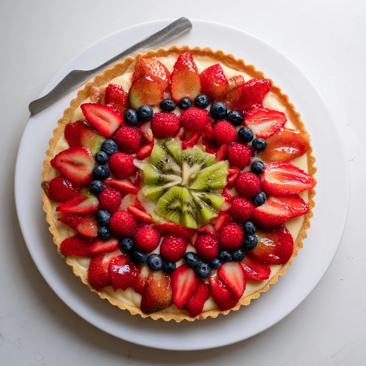A close-up of a Valentine Fruit Tart on a marble surface, showcasing glossy sliced strawberries, raspberries, blueberries, and kiwi over vanilla pastry cream.