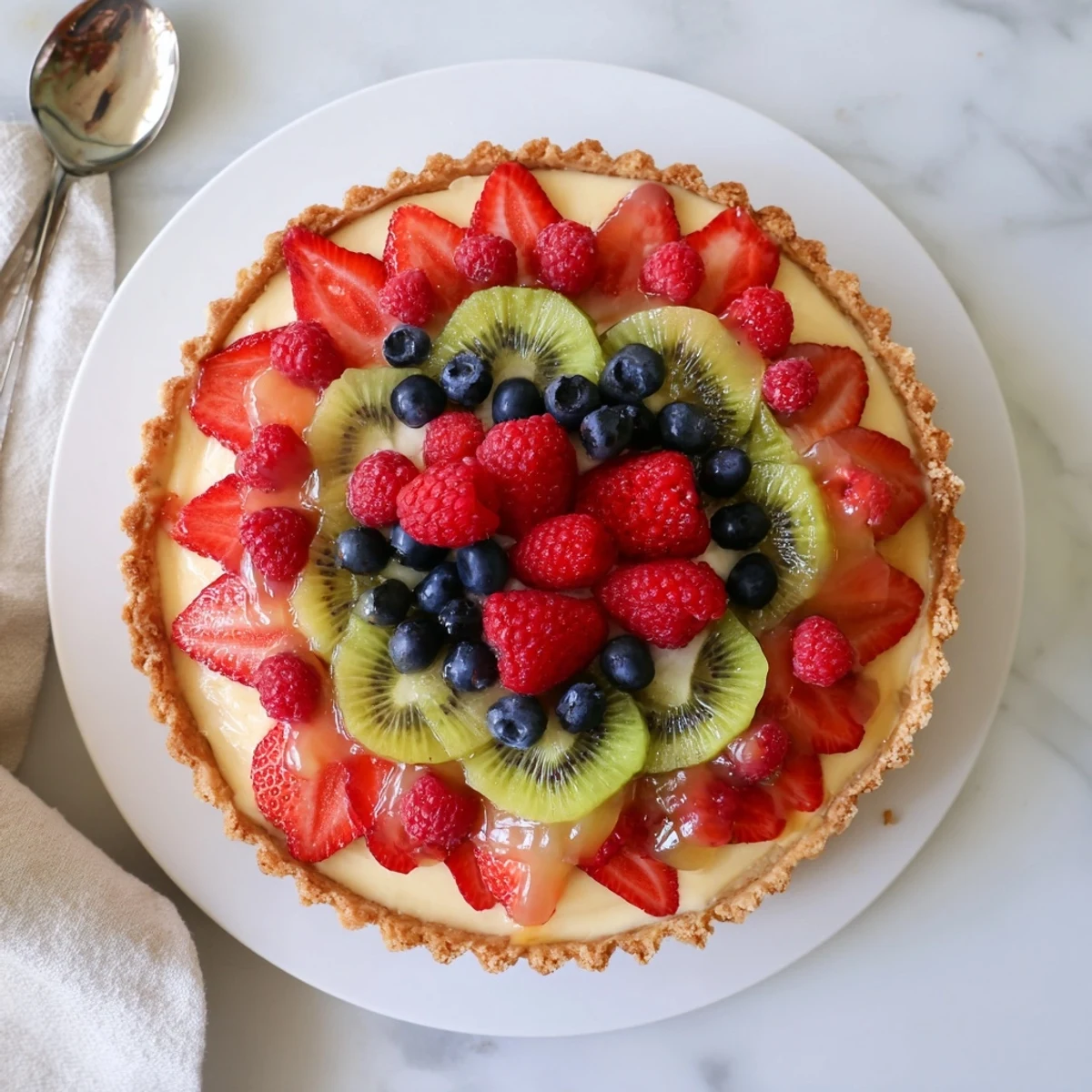 Valentine Fruit Tart with a golden, crisp buttery crust and a vibrant arrangement of fresh fruit, ready to serve for a romantic occasion.
