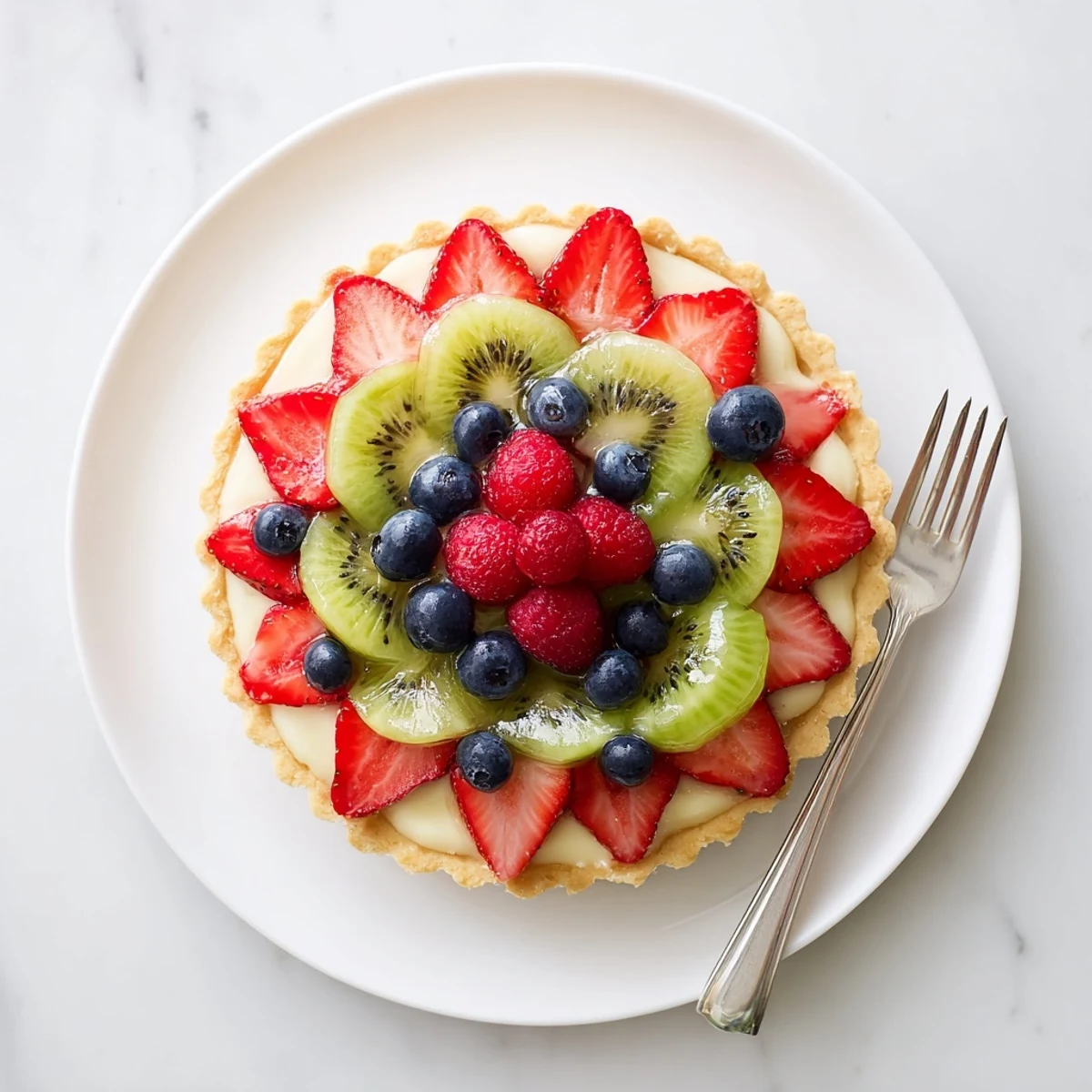 Slice of Valentine Fruit Tart on a dessert plate, revealing creamy vanilla layers and juicy berries, perfect for a festive Valentine's Day celebration.