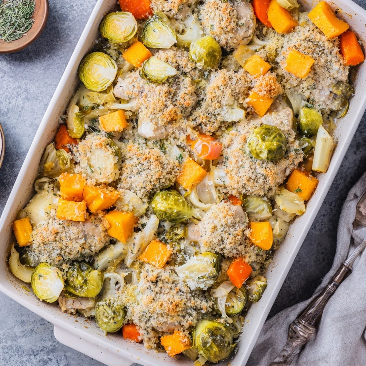 Steaming Winter Dish Casserole Bake with tender chicken, butternut squash, and Brussels sprouts in a creamy herb sauce.