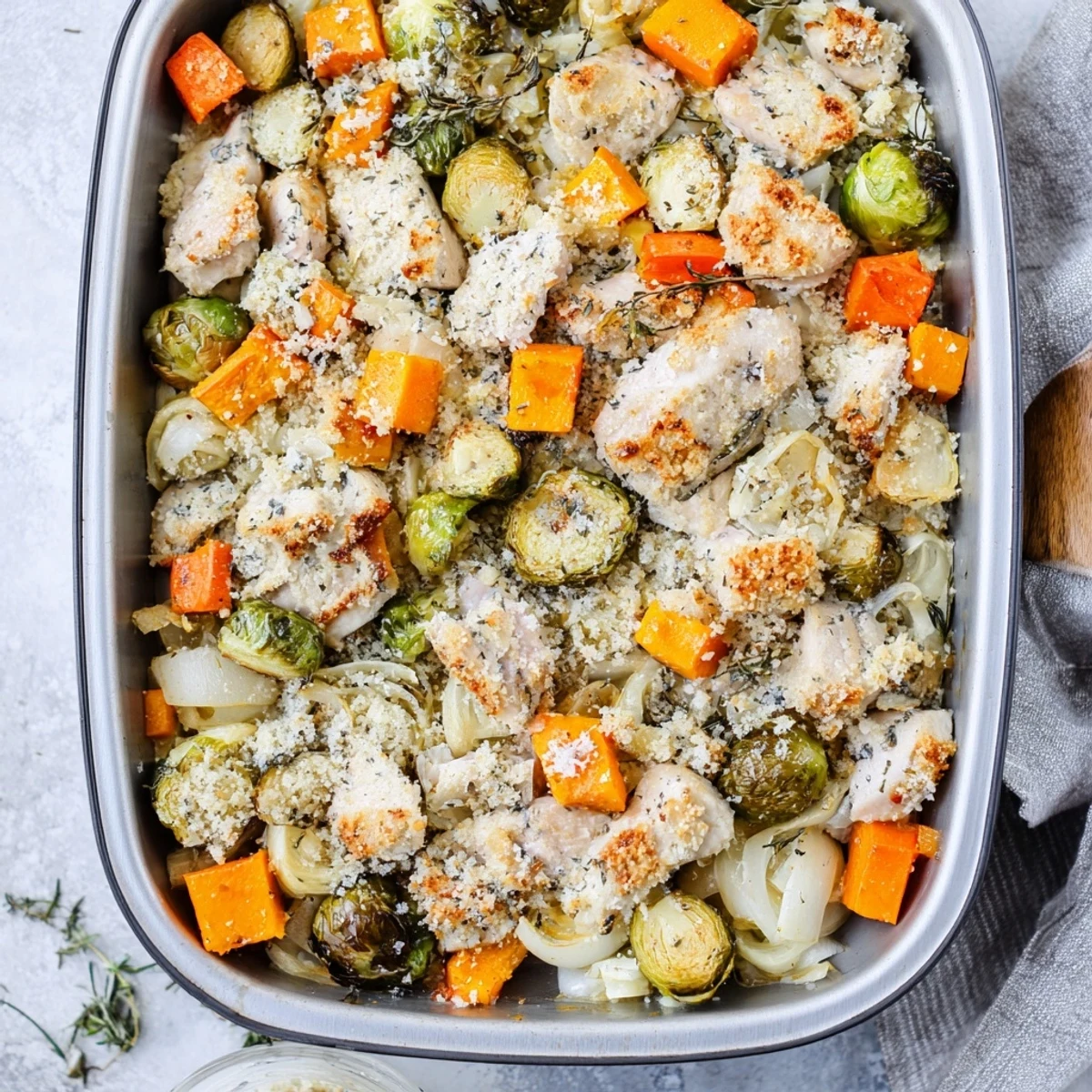 Serving Winter Dish Casserole Bake in a dish, garnished with fresh thyme and rosemary, alongside a glass of Chardonnay.