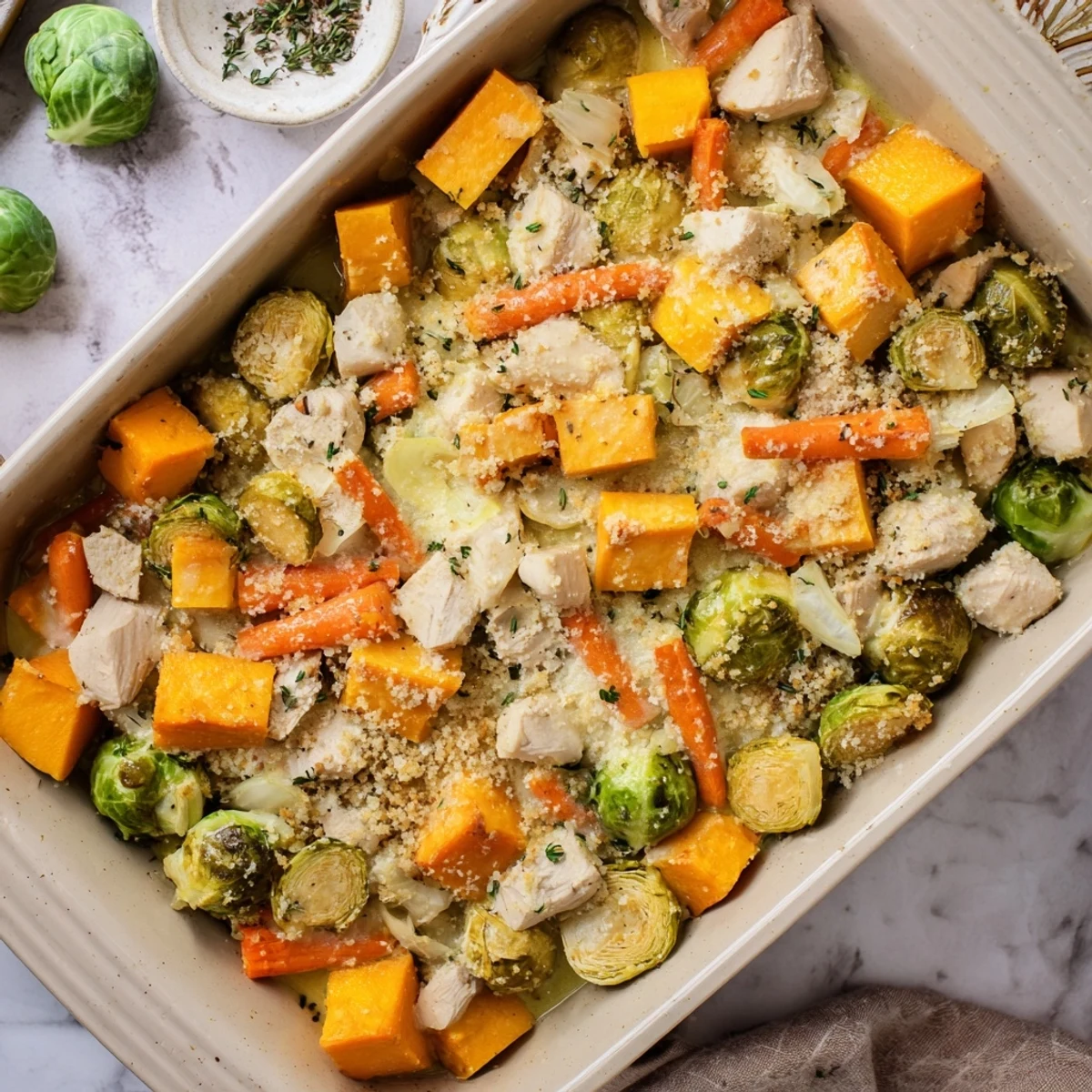 Golden-brown Winter Dish Casserole Bake fresh from the oven, topped with melted Gruyère and gluten-free breadcrumbs for a savory crunch.
