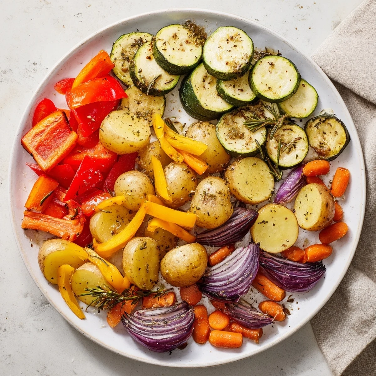 This Roasted Vegetable Medley Pan features golden potatoes and eggplant, served hot as a colorful, vegan main or side dish.  