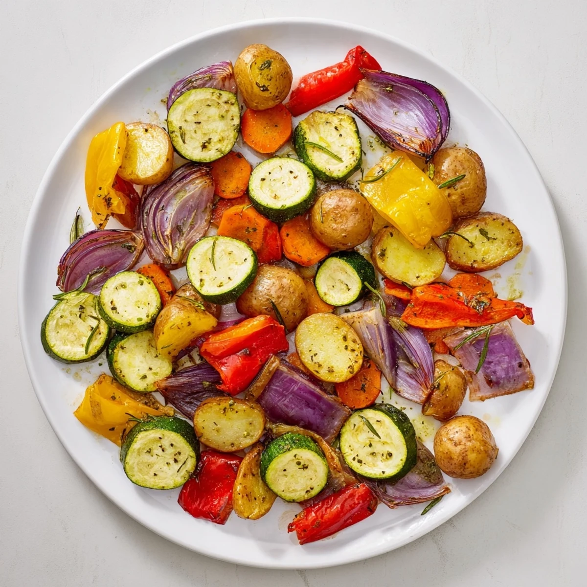 Savory Roasted Vegetable Medley Pan with aromatic garlic and thyme, perfect for pairing with grilled meats or grains.